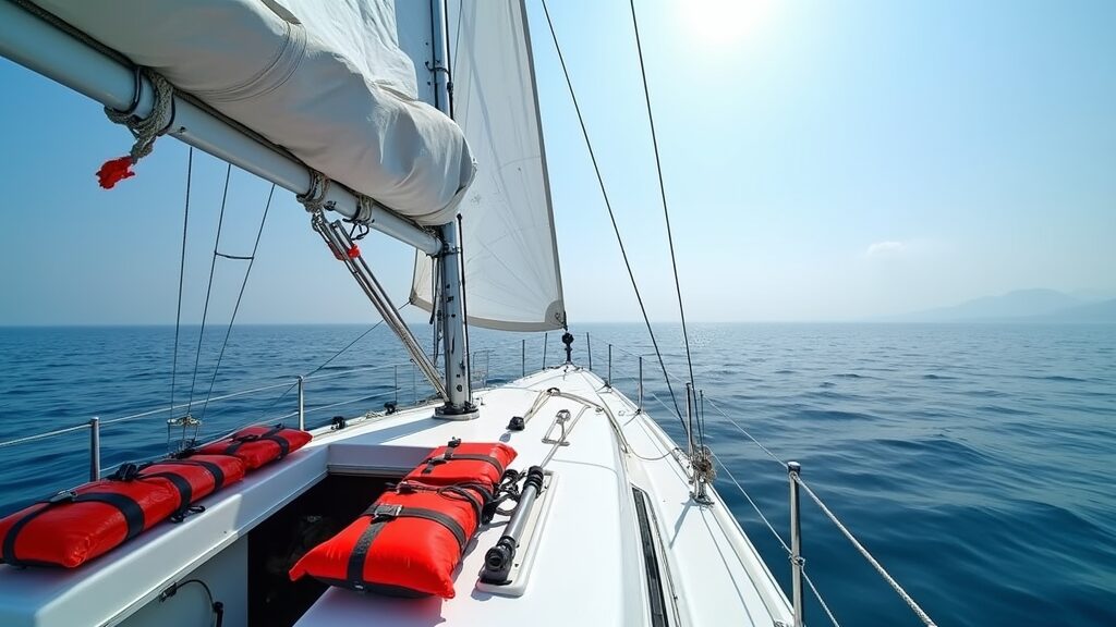A sailboat glides across calm blue waters, safety equipment in view, with life jackets and a lifebuoy attached, surrounded by sea and sky.
