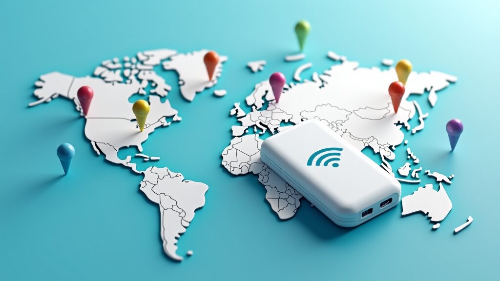 Illustration of a portable Wi-Fi hotspot device resting on a world map, connected to multiple digital location pins in different countries