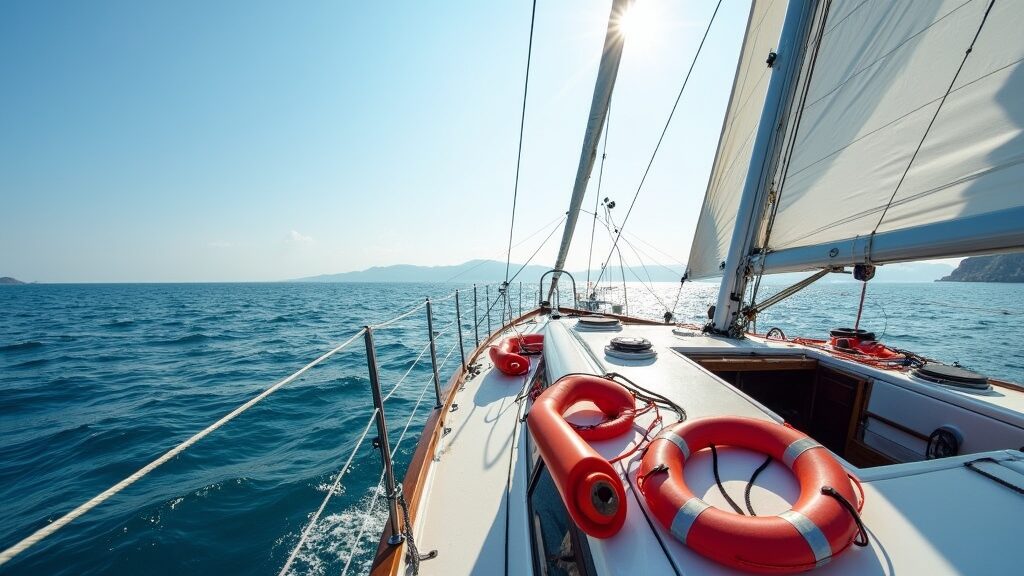 Sailboat at sea, clear skies, focus on safety gear