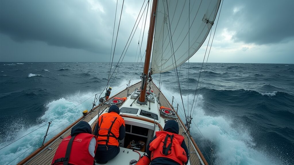 Sailboat navigating choppy waters with visible safety equipment on deck under dramatic skies