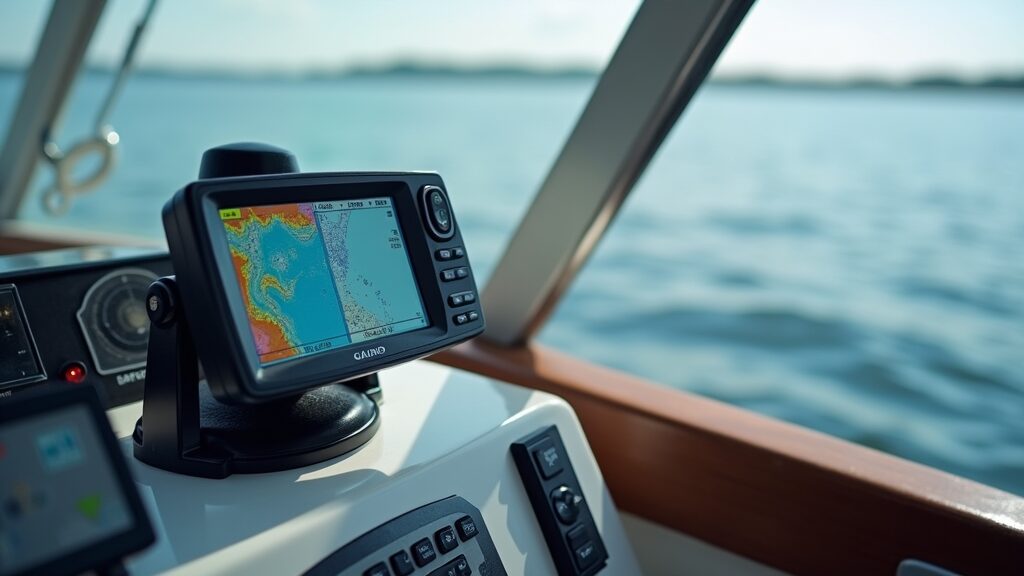 Fishing GPS device on a boat dashboard