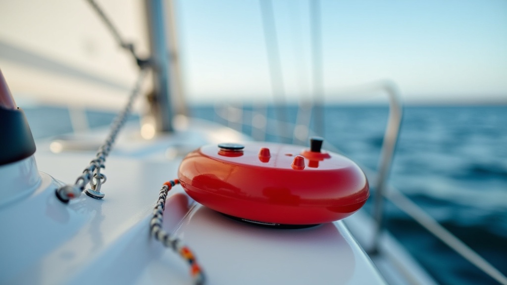 Compact 406 MHz EPIRB on a weekend sailboat deck with calm sea in the background