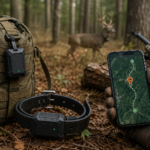 Outdoor tracking setup in a forest: backpack, dog GPS collar, rifle, and a phone map with a location pin on pine-needled ground.