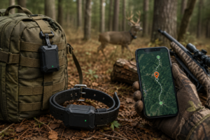 Outdoor tracking setup in a forest: backpack, dog GPS collar, rifle, and a phone map with a location pin on pine-needled ground.