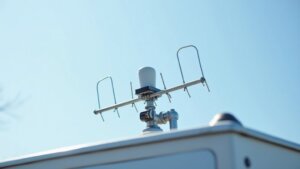 a-gps-antenna-mounted-on-the-deck-of-a-metal-hulled-boat-highlighting-its-location-and-potential-for-signal-interference