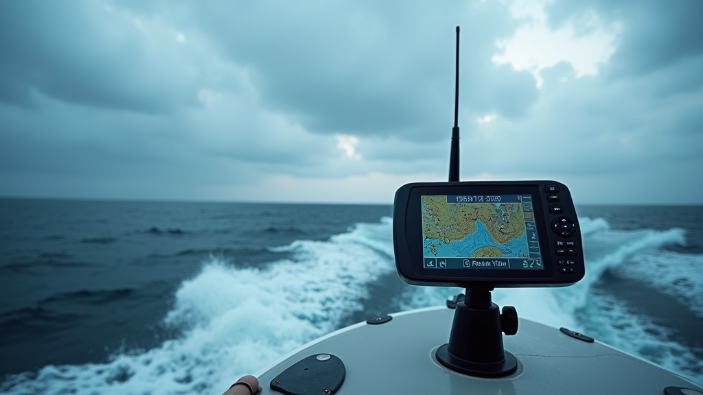 boat navigating rough sea with GPS display