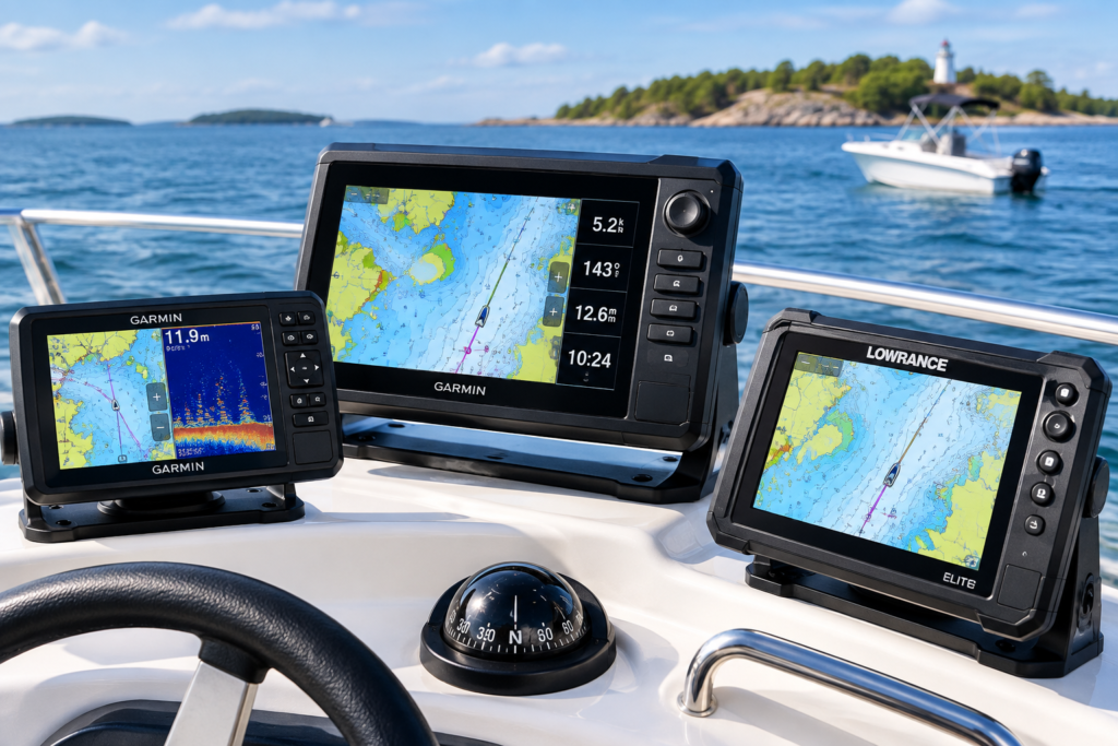 Cockpit of a boat showing three GPS/sonar displays with water and shoreline in the background.
