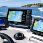 Cockpit of a boat showing three GPS/sonar displays with water and shoreline in the background.